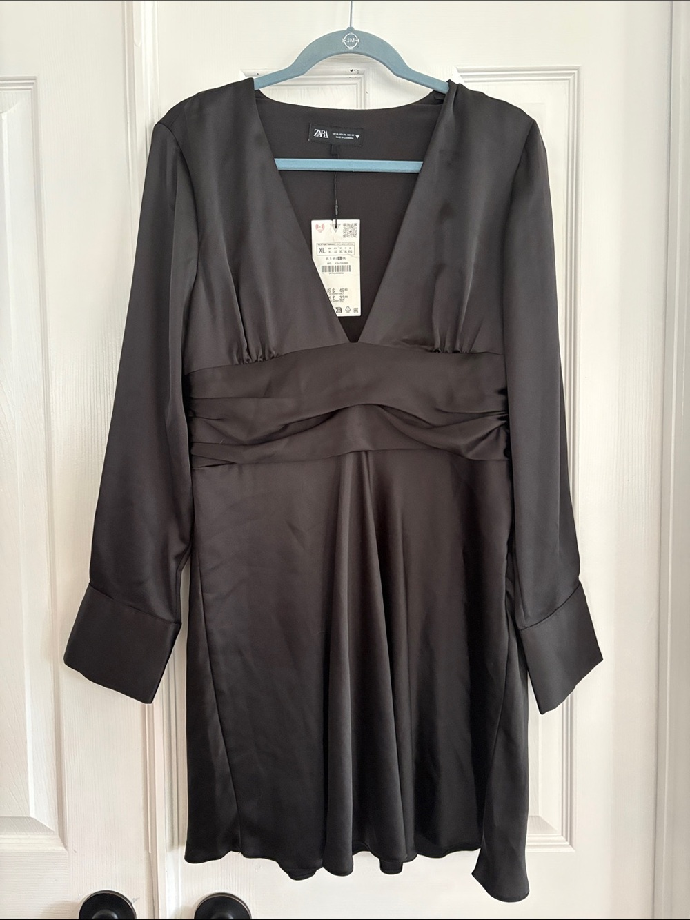 Zara Black Satin V-Neck plunge Long Sleeve Mini cocktail party Dress XL NWT